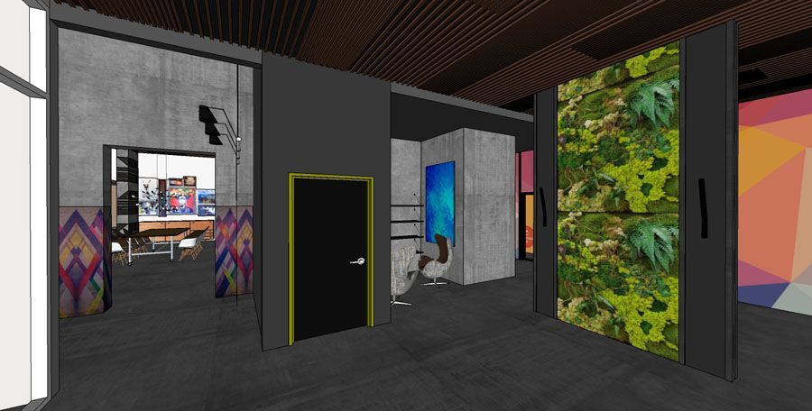 A computer generated image of a room with a green wall.