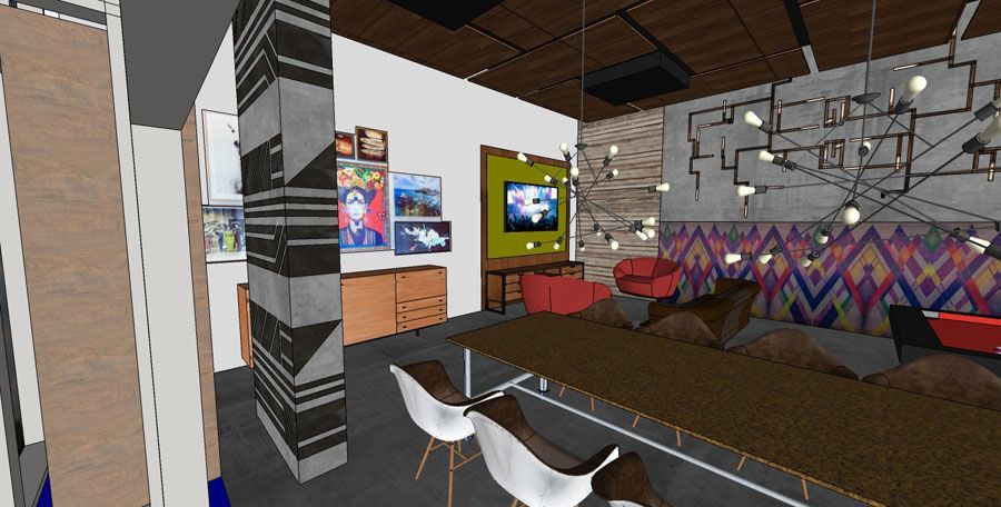 A computer generated image of a living room with a table and chairs.