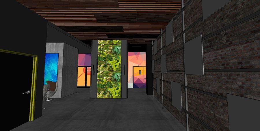 A computer generated image of a hallway with paintings on the wall.