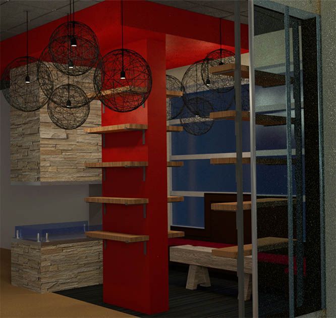 A rendering of a room with a red pillar and shelves