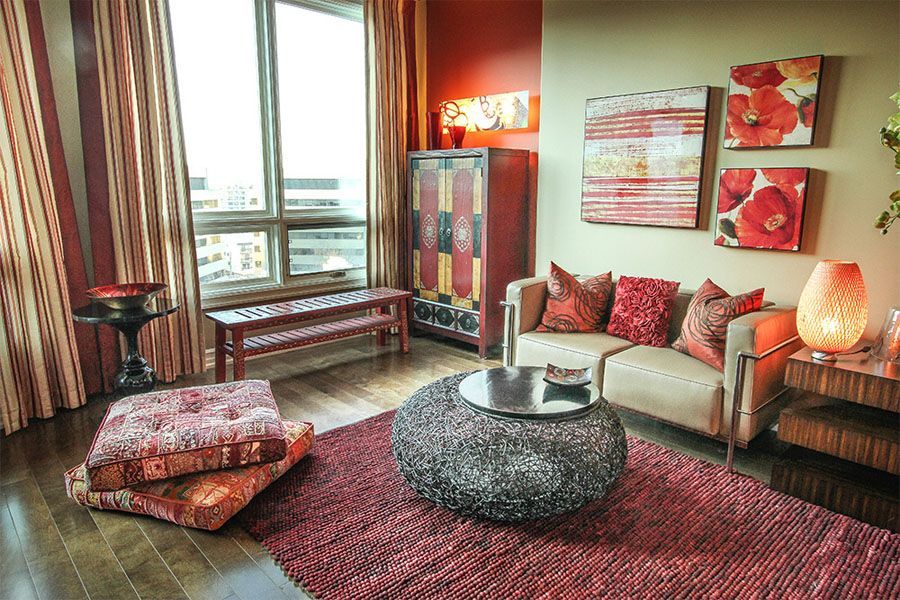 A living room with a couch and a coffee table