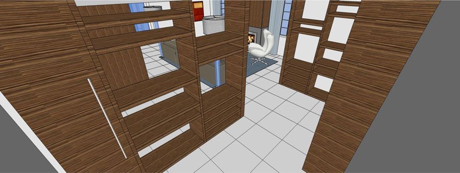 A 3d model of a room with wooden walls and a tiled floor.