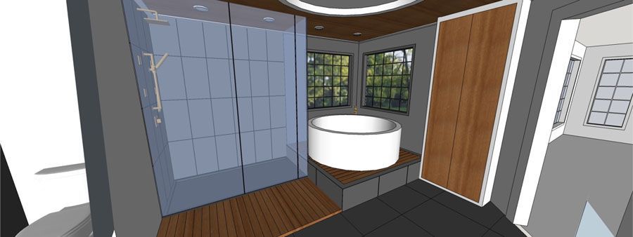 A 3d rendering of a bathroom with a tub and a shower.