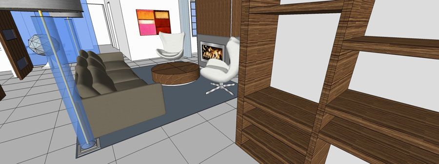 A computer generated image of a living room with a couch and a fireplace.