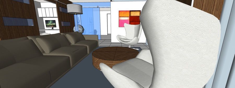 A 3d model of a living room with a white chair