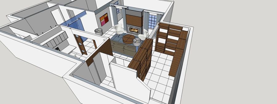 A 3d floor plan of a house with a living room , dining room , and kitchen.