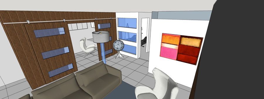 A computer generated image of a living room with a couch and chairs