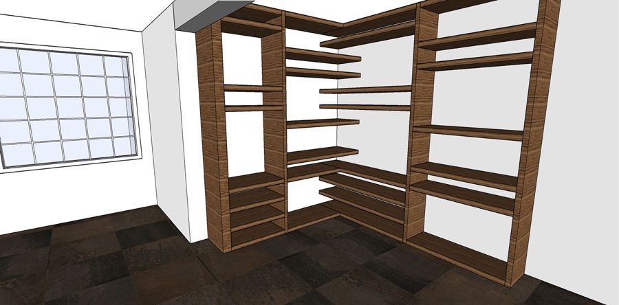 A drawing of a room with shelves and a window