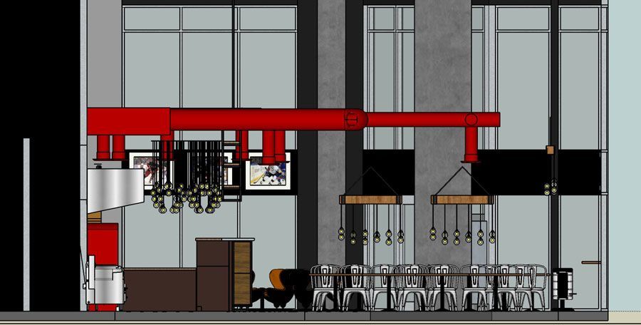 A drawing of a building with a lot of windows