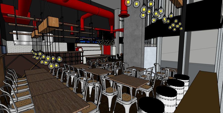 A 3d rendering of a restaurant with tables and chairs.