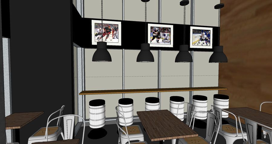 A computer generated image of a restaurant with tables and chairs