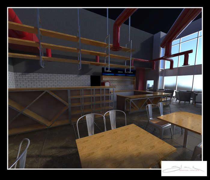 A computer generated image of a restaurant with tables and chairs