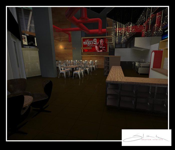 A computer generated image of a restaurant with tables and chairs