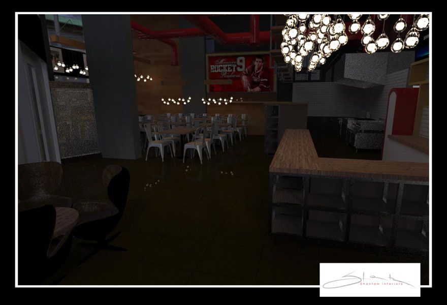 A computer generated image of a restaurant with a coca cola sign on the wall