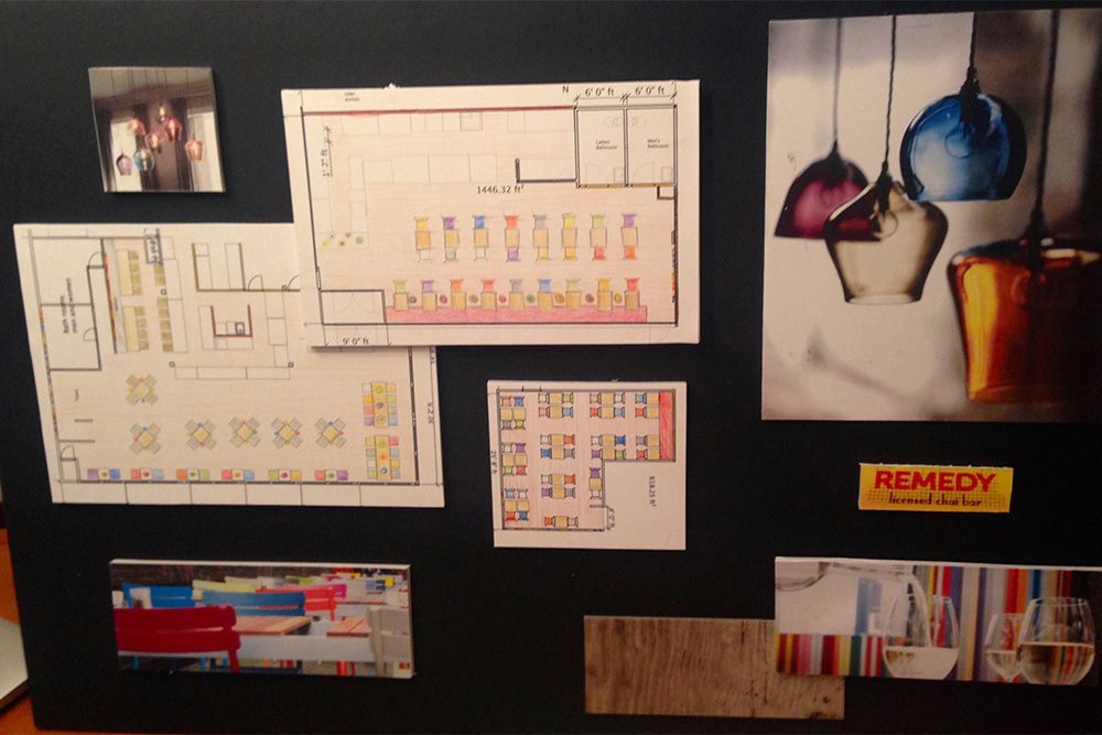 A bulletin board has a yellow sign that says remedy on it