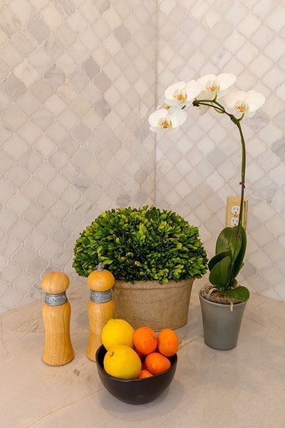 A bowl of lemons and oranges is sitting on a counter next to a potted plant.