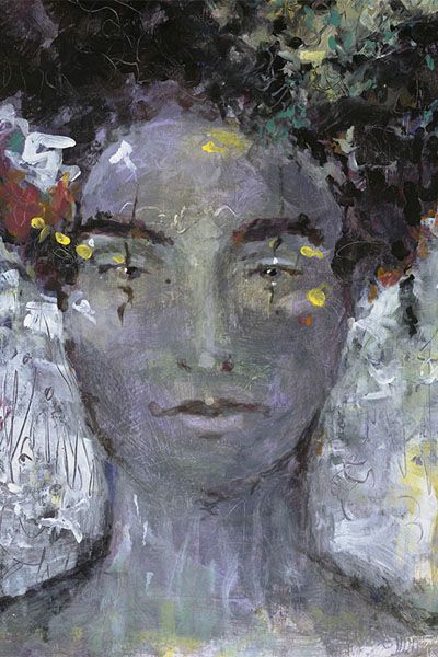 A close up of a painting of a woman 's face with flowers in her hair.