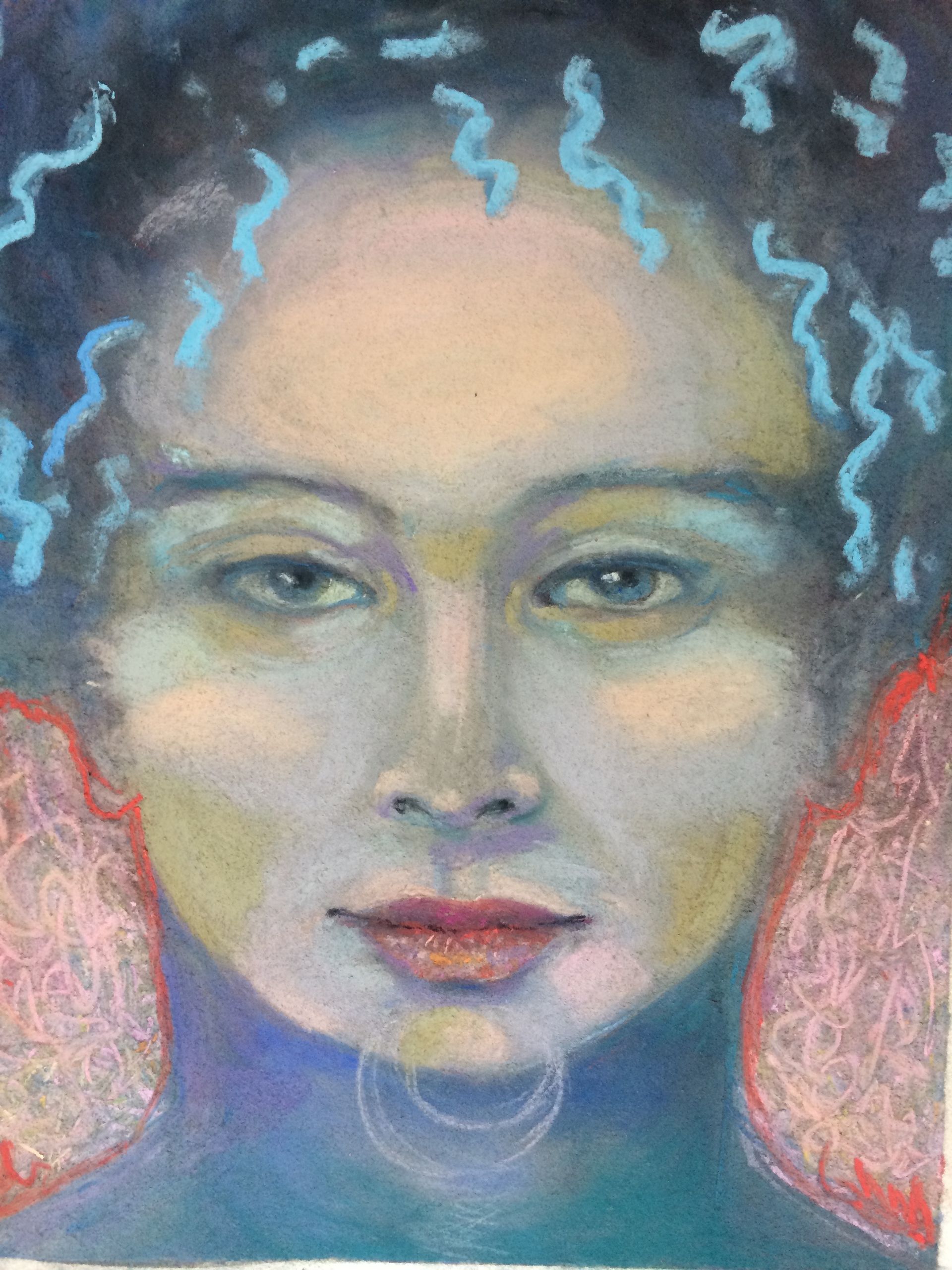 A close up of a woman 's face in a painting.