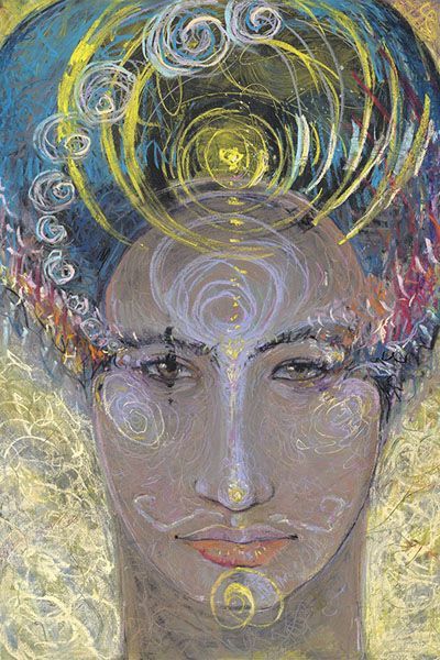 A close up of a painting of a woman 's face with a crown on her head.