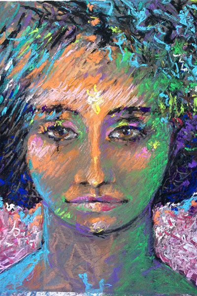 A close up of a colorful painting of a woman 's face.