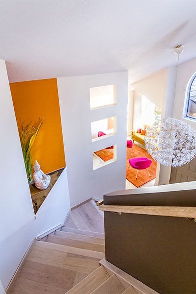 An aerial view of a staircase leading up to a living room