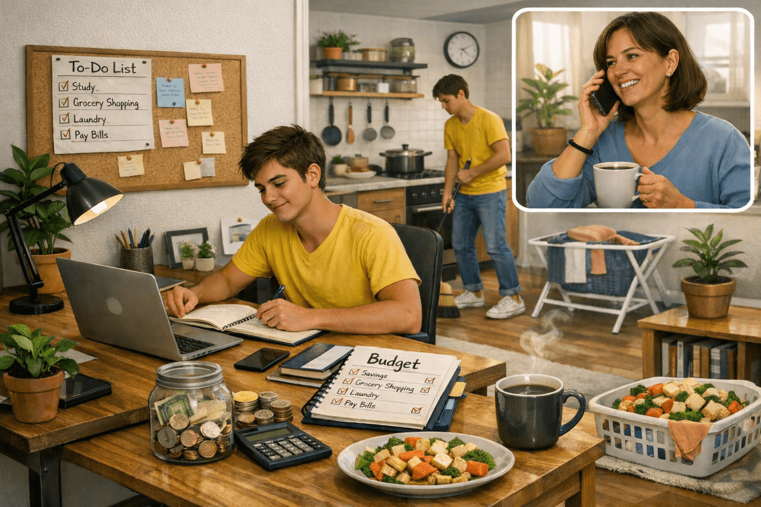 Parent on the phone with child in college studying at desk