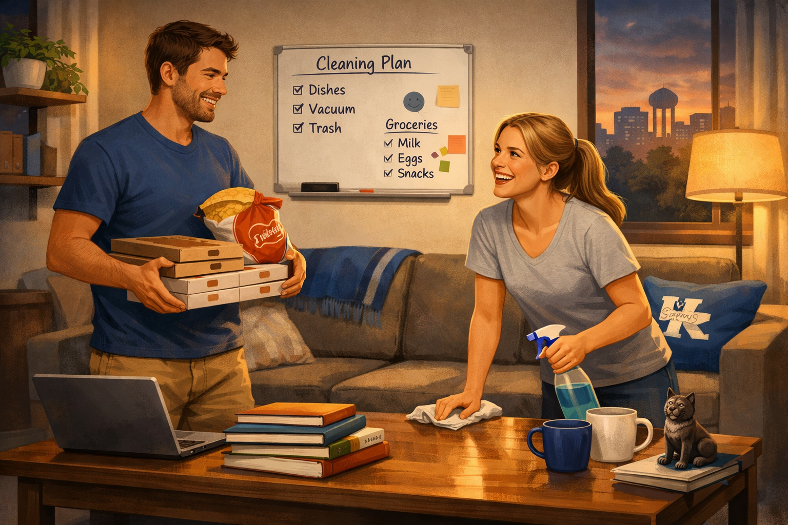Image of roommates working together after reading the roommate survival guide