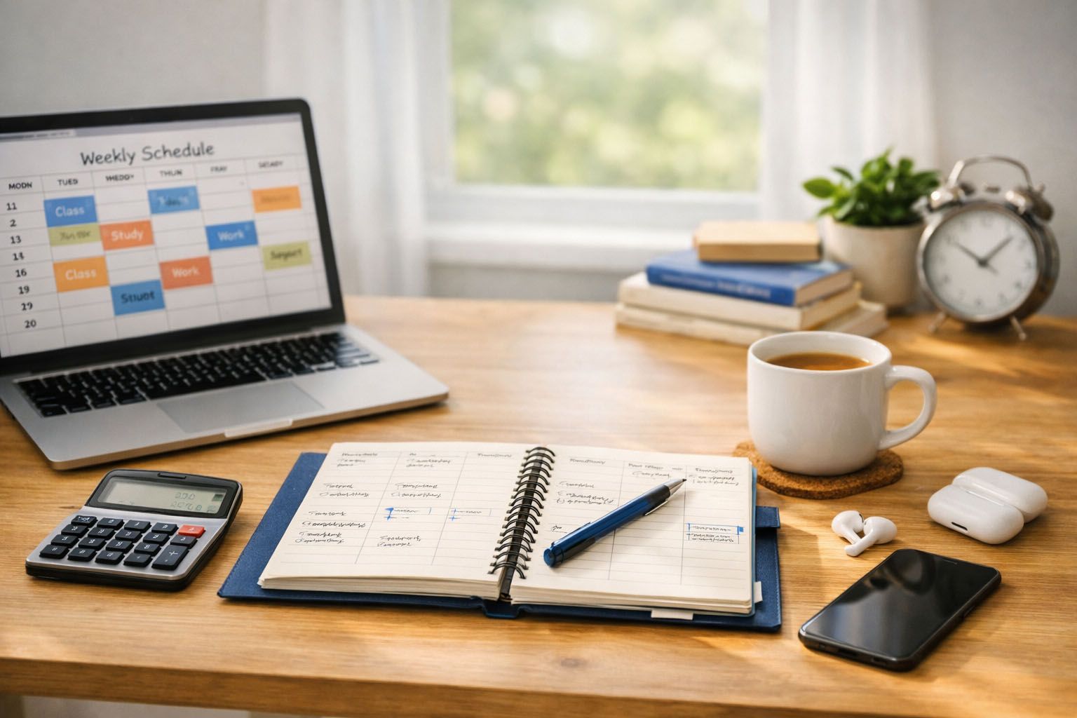 Student desk with planner, laptop and coffee mug symbolizing balance between classes, work, and life