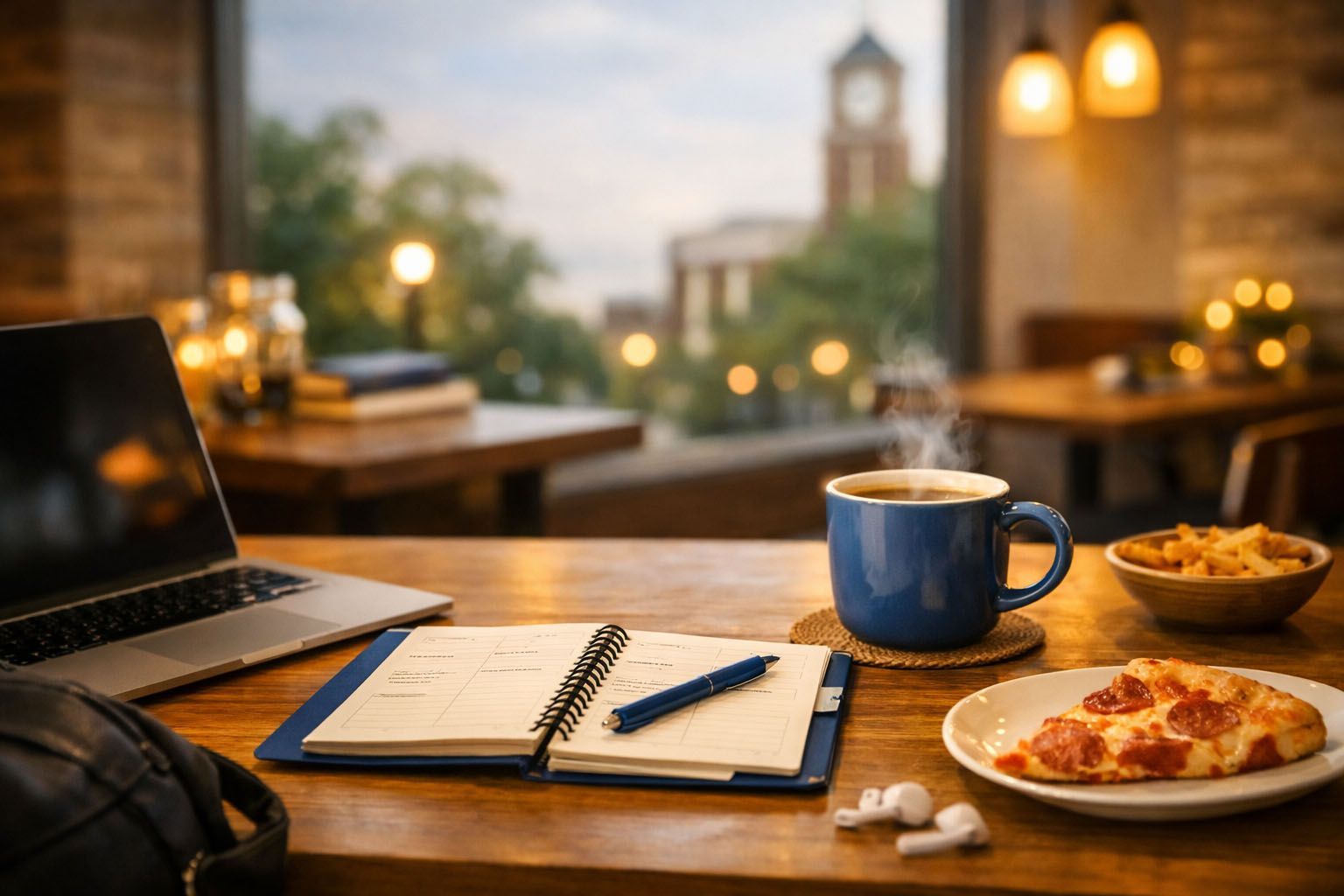 Coffee shop table near UK with laptop, notebook, and coffee symbolizing study and late-night food
