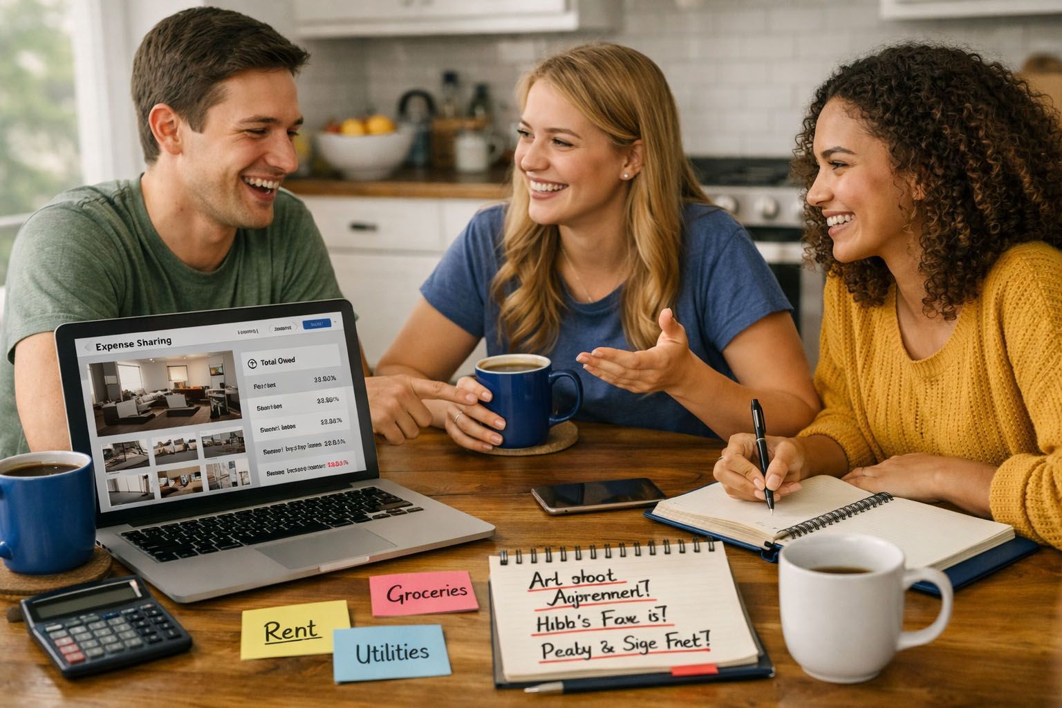 Roommates sitting at table with laptop and notes discussing how to split bills fairly