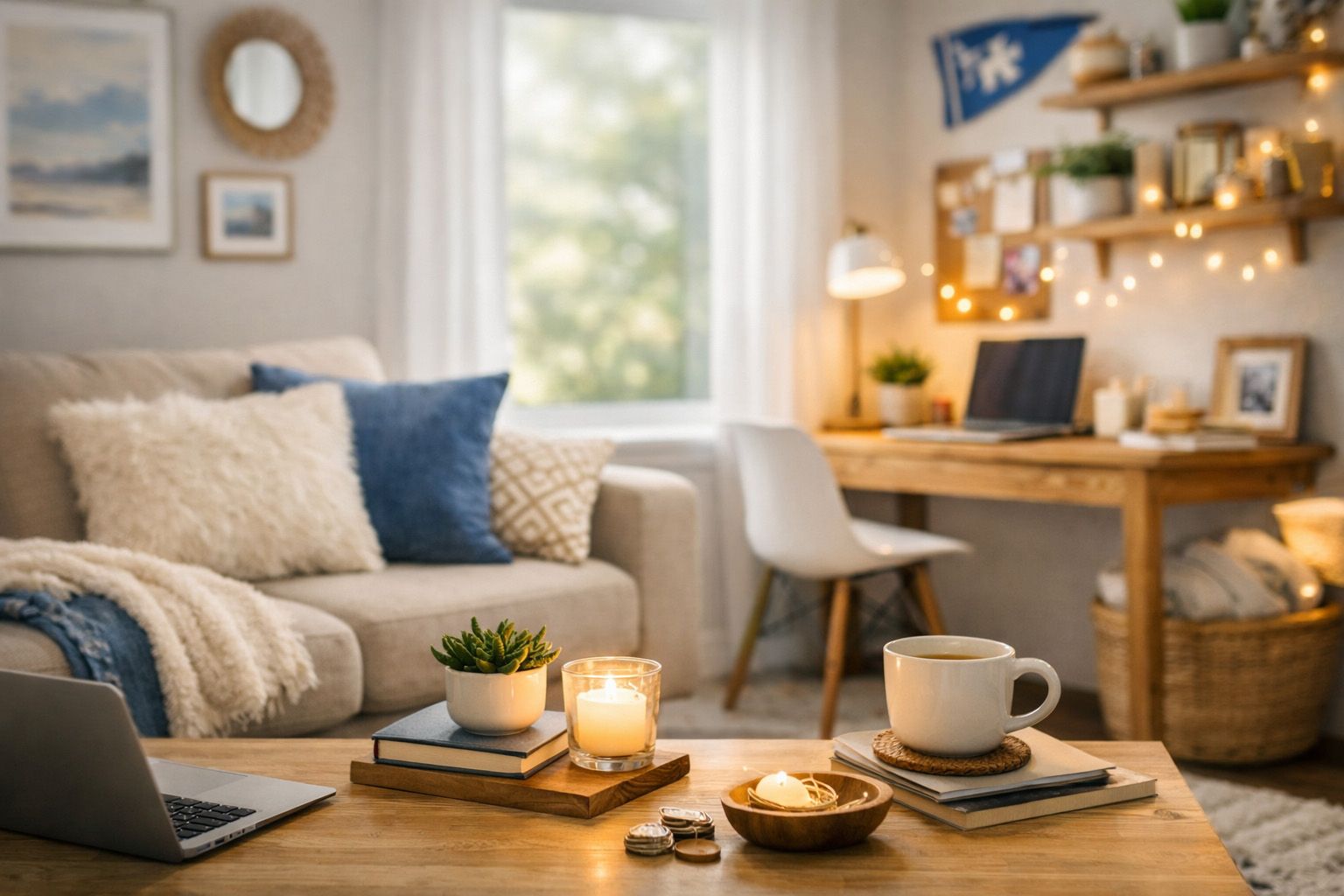 Student apartment with cozy decor and personal touches to make off-campus house feel like home