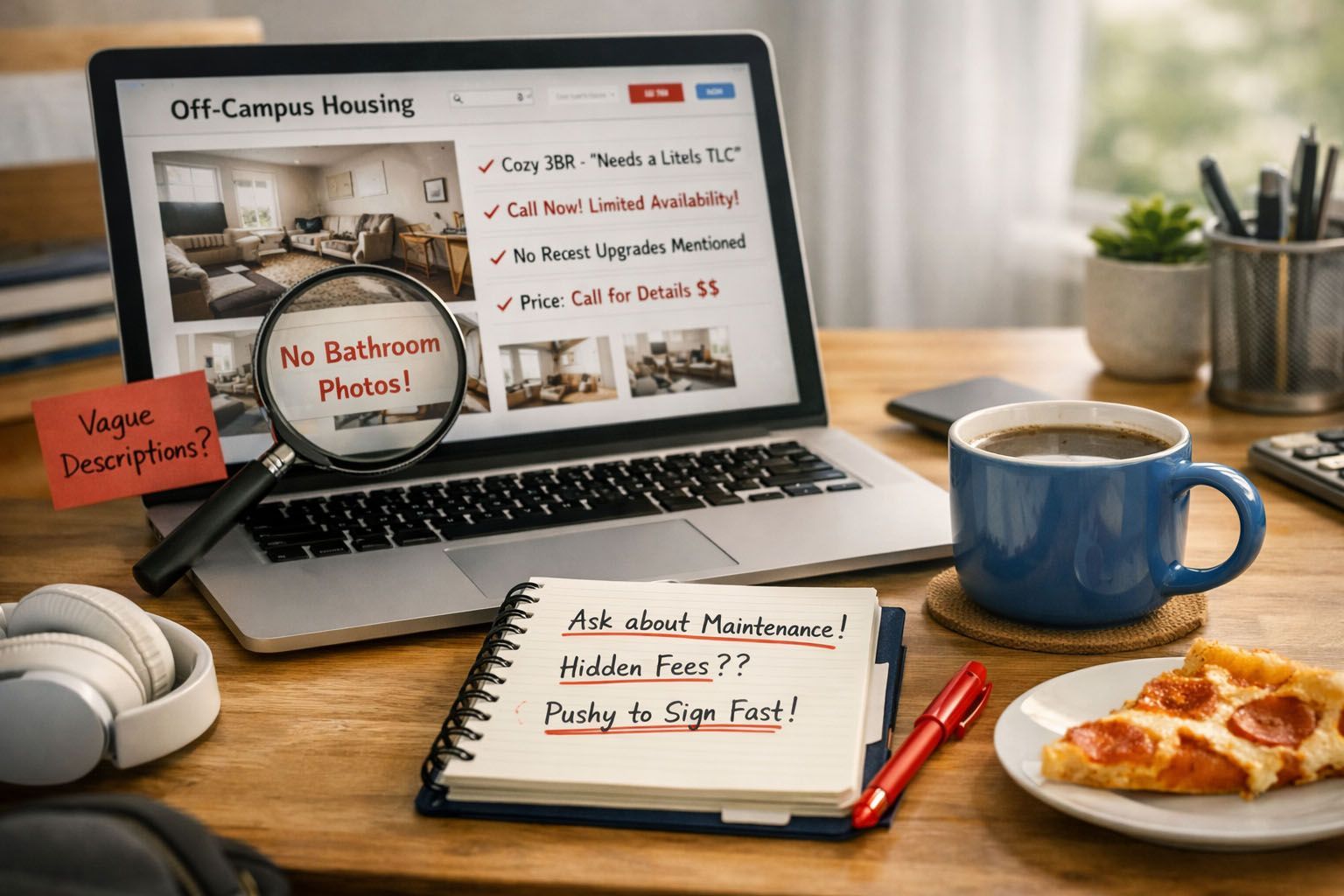 Laptop and a listing with magnifying glass and notes on how to spot red flags in off-campus housing