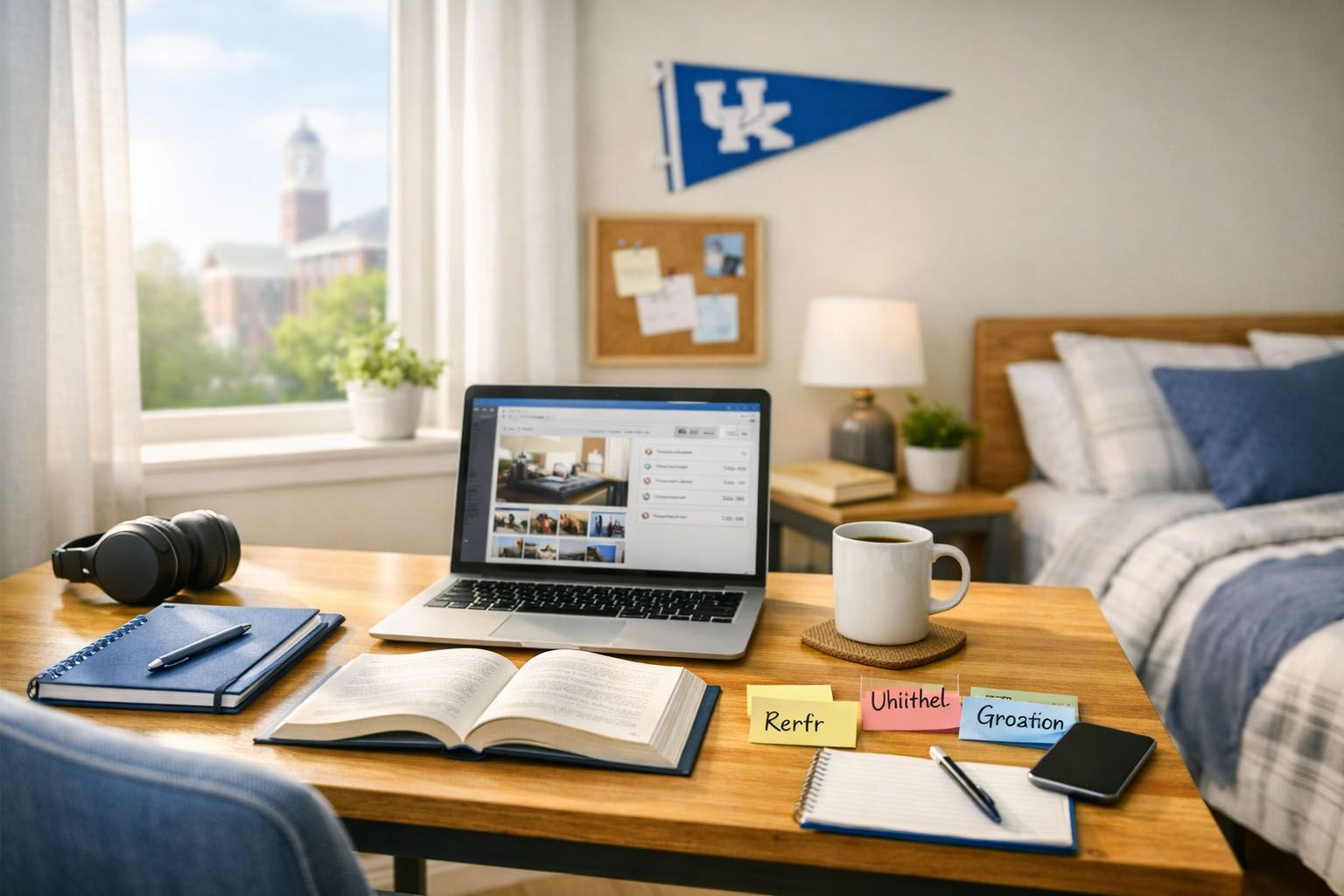 Student apartment with desk, laptop, and natural light symbolizing how housing supports academics