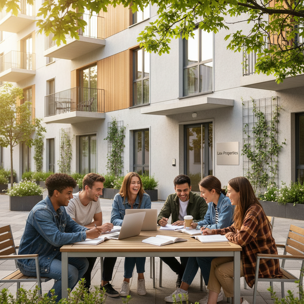 College students discussing student housing and academic success needs outside.