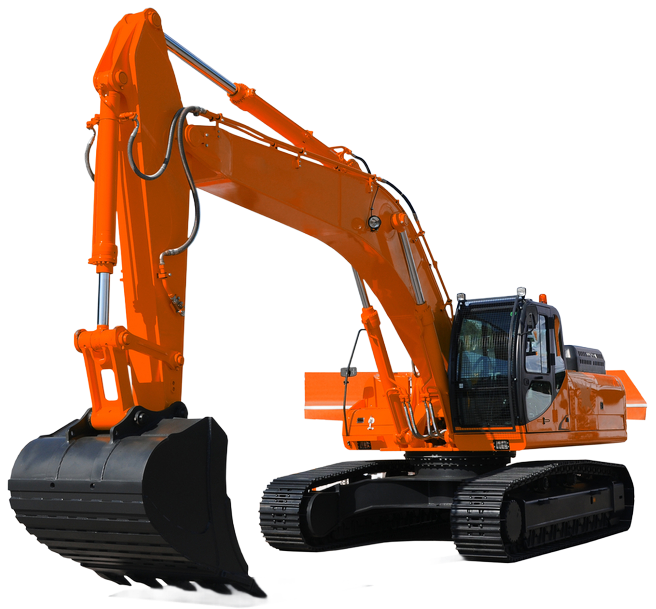 An orange excavator with a black bucket on a white background