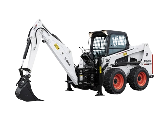 A bobcat backhoe with a large bucket on a white background.