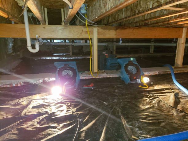 Two industrial fans and a work light in a crawl space, with black plastic sheeting and wood framing.
