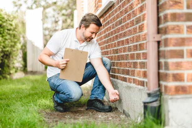 Man inspecting a brick wall, holding a clipboard, crouching by the foundation outdoors.