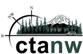 a logo for a company called ctanw with a mountain and trees in the background .