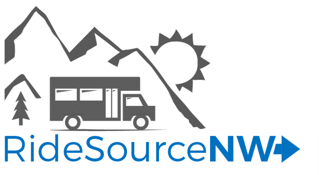 a logo for ridesource nw with a rv and mountains in the background .