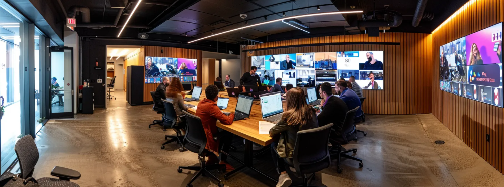 a vibrant office workspace showcases a diverse group of professionals collaborating energetically around a sleek conference table, surrounded by digital displays filled with engaging social media content, emphasizing the dynamic impact of social media marketing on brand engagement.