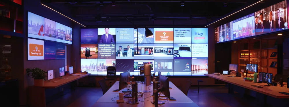 a dynamic office workspace filled with vibrant digital screens displaying eye-catching social media content, featuring engaging visuals and user testimonials, illuminated by modern overhead lighting to emphasize the innovative atmosphere of a strategic marketing meeting.