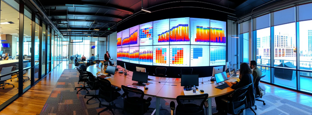 a dynamic office environment features a large digital screen displaying colorful graphs and analytics, highlighting social media engagement metrics while a focused team collaborates around a sleek conference table, deep in discussion about strategy adjustments.