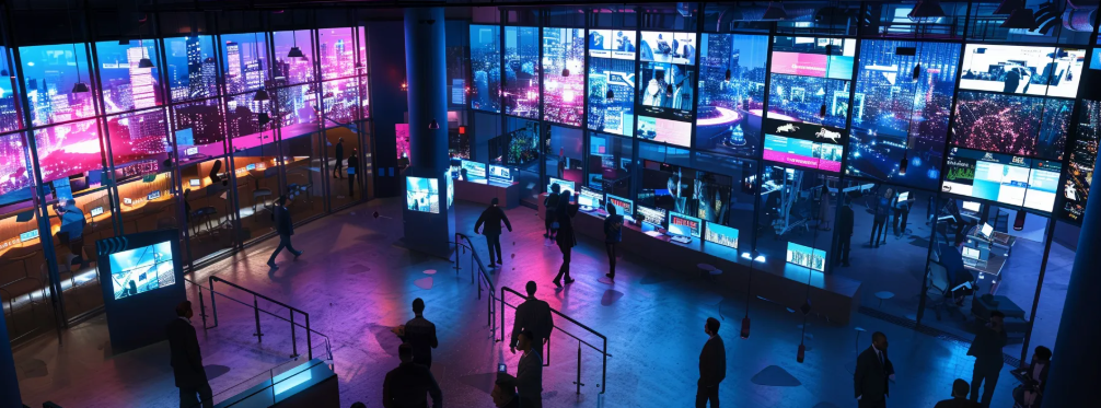 a vibrant urban office space bustling with professionals engaged in animated discussions and collaborative activities, showcasing digital screens promoting community-building events and interactive competitions to encourage customer engagement.