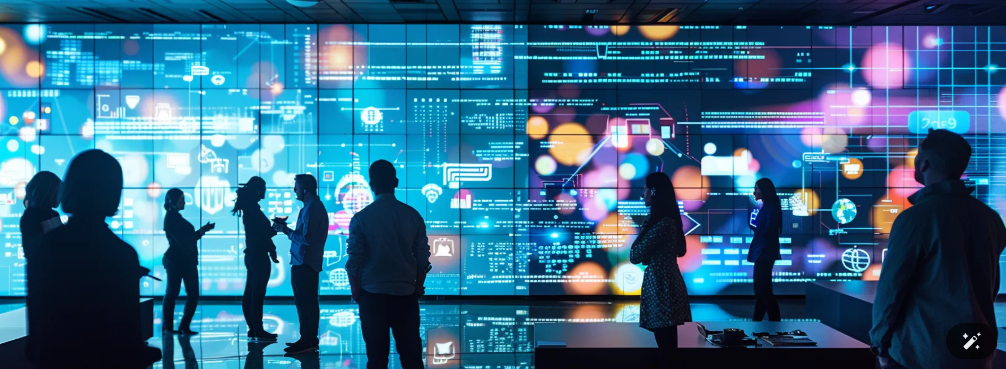 a vibrant office environment with modern technology displays dynamic social media analytics on screens, depicting a diverse team animatedly brainstorming and collaborating to explore emerging trends and innovative content formats for enhanced audience engagement.