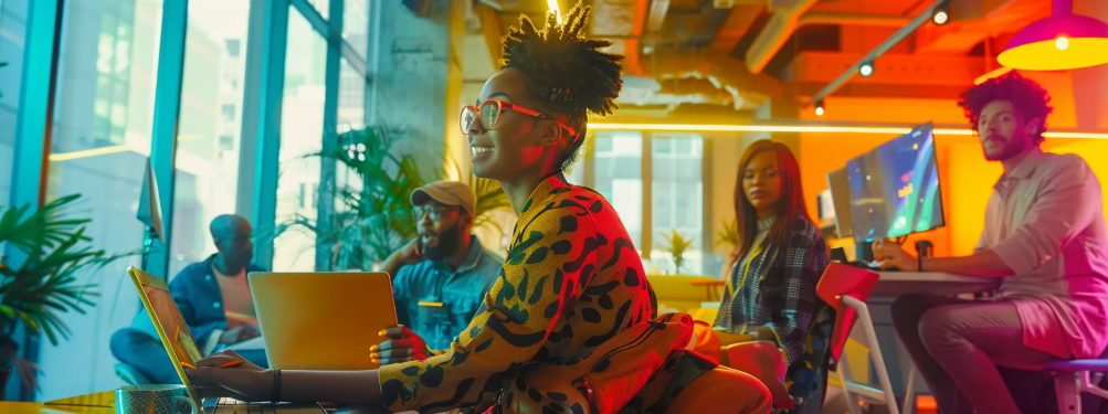 a vibrant urban office environment featuring a diverse group of professionals engaged in animated discourse around digital devices, embodying the dynamic strategies of social media engagement and community interactions.