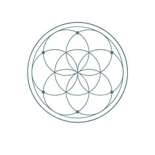 Geometric design of intersecting circles with a central flower pattern, in teal.