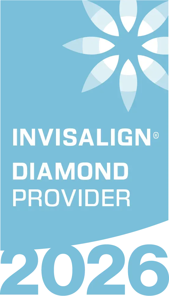 A blue rectangular graphic with a white floral logo, reading
