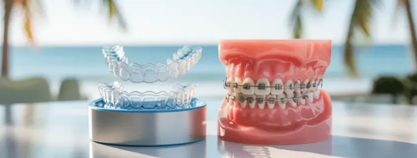 Clear aligner and metal braces dental models on a table with a blurred beach background