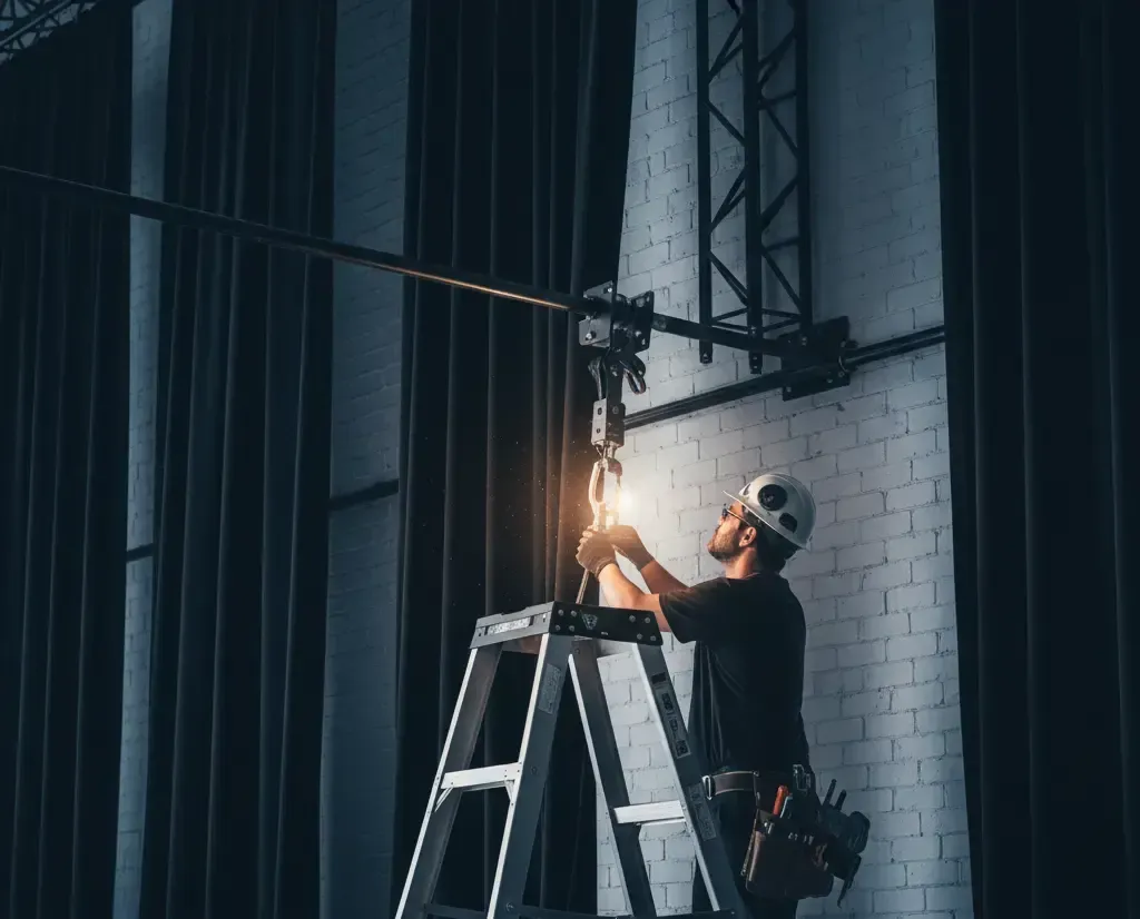 A technician performing a custom rigging installation for stage drapery in a unique San Diego venue.
